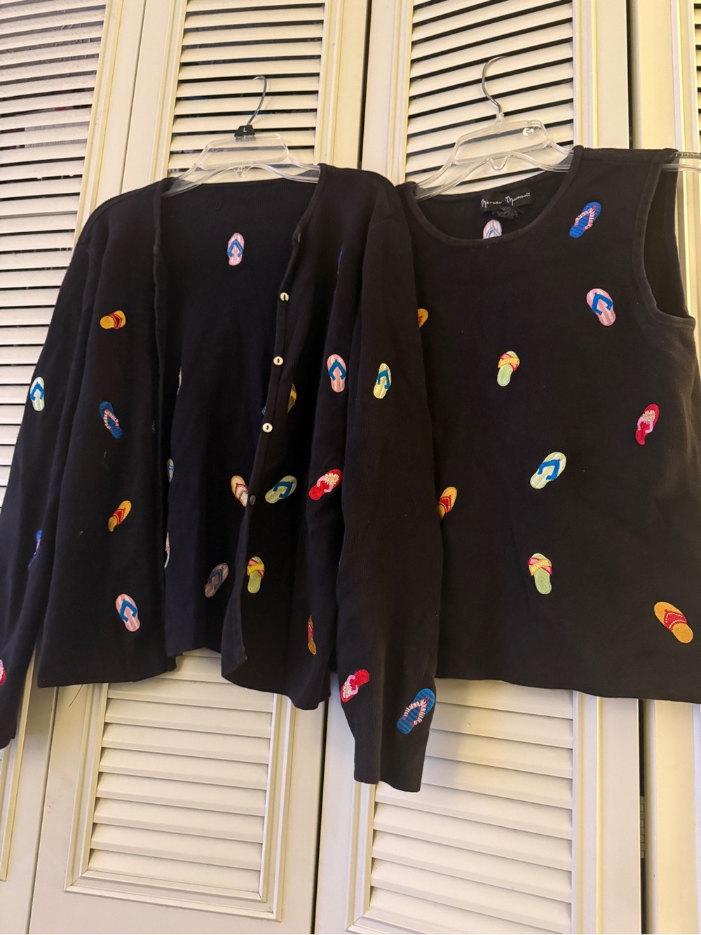 Womens Black Cardigan & Tank Set with Colorful Flip-Flop Embroidery